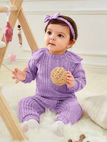 SHEIN 新生嬰兒女寶寶純色荷葉邊綁帶瑞脈襯衫,褲子和發帶3件套裝 - 紫色 - 查看 17