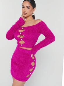 Hauture Fluffy Knit Cut Out Top & Skirt Set - Red Violet - View 1