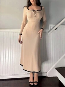 SHEIN Privé Patchwork Edge Long Sleeve Dress - Multicolor - View 1