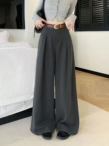 讓妳看起來更苗條的女性褶皺寬腿褲子 - 灰色 - 查看 5
