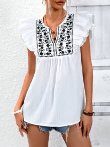 Breezaya Áo sơ mi/áo cánh tay dài thêu hoa dành cho nữ - trắng - Xem 3