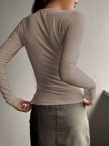 DAZY Long Sleeve Half-Button Placket V-Neck T-Shirt,Fall Clothes,Back To School Clothes - Khaki - View 2
