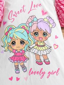 Tween Girls' Cartoon & Letter Print Puff Short Sleeve Patchwork Dress - Multicolor - View 4