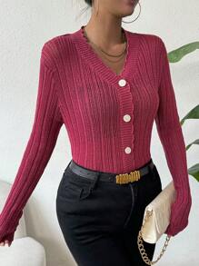 Chiquease Women's Button Front Cardigan With Curved Hem Fall Cloth For Women - Hot Pink - View 6