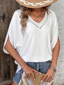 SHEIN Frenchy Của phụ nữ Shirring Trắng Cổ v Mùa Xuân Mùa hè Ren tay cánh Ngắn tay Áo thun - trắng - Xem 4