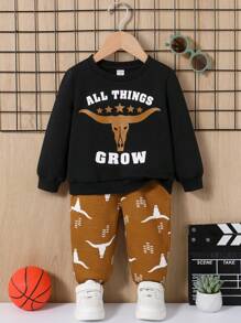 SHEIN Baby Boys' Cartoon Animal Patterned Sweater And Jogger Pants Two Piece Set With Round Neck And Regular Shoulder - Black - View 2