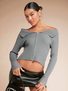 SHEIN BAE Front Zipper Long Sleeve Cardigan - Grey - View 5