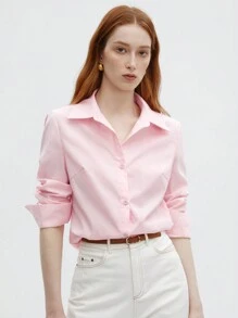 BizChic Women's Solid Color Long Sleeve Shirt, Urban Commute Office Wear, Business Casual, Elegant Ladies Formal Blouse, Fashionable Shirt For Outings - Pink - View 5