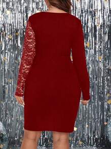 SHEIN Clasi 大尺碼蕾絲拼接包身裙 - 紅色 - 查看 2