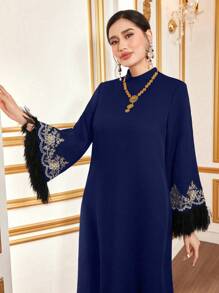 Al Najma Tassel Patchwork Half High Collar Dress Kaftan Jalabiya Dress - Royal Blue - View 6