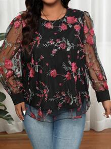 SHEIN LUNE Camisa De Talla Grande Para Mujer Con Paneles De Malla Bordados Con Mariposas - Multicolor - Ver 6