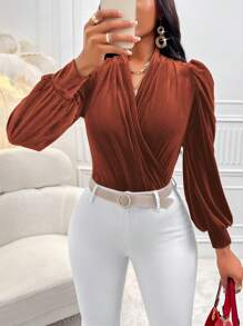 Zolique Puff Long Sleeve Wrap Blouse - Brown - View 4