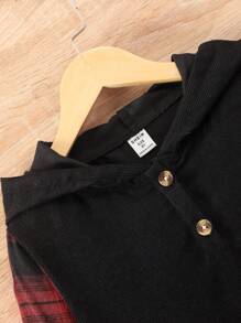 SHEIN Tween Boys' Hooded Sweatshirt With Plaid Patchwork, Buttoned Front - Red - View 6