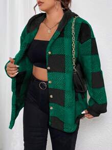 Flirla Plus Buffalo Plaid Print Hooded Flannel Coat