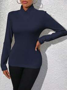 SHEIN Privé Solid Color Long Sleeve T-Shirt - Navy Blue - View 6