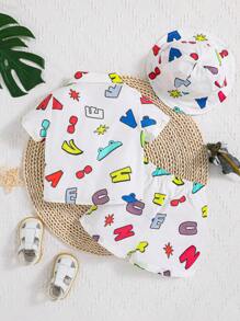 SHEIN Baby Boys' Cartoon Printed Casual Shirt, Hat And Shorts 3pcs Set - Blue and White - View 2
