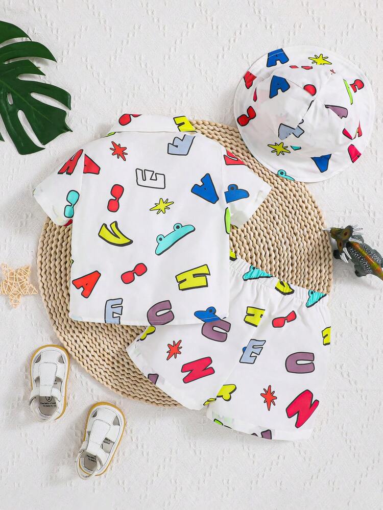 Baby Boys' Cartoon Printed Casual Shirt, Hat And Shorts 3pcs Set