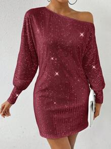 Allurite Asymmetrical Neckline Glitter Dress - Burgundy - View 3