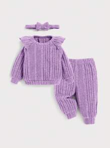 SHEIN 新生嬰兒女寶寶純色荷葉邊綁帶瑞脈襯衫,褲子和發帶3件套裝 - 紫色 - 查看 1