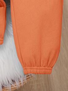 SHEIN Baby Boys' Letter Printed Hooded Drop Shoulder Sweatshirt And Pants Set - Orange - View 7