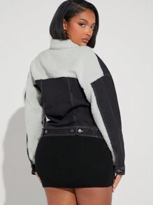 Denimoi Chaqueta Vaquera De Mujer Con Hombros Caídos Y Forro Sherpa + Mezcla De Tejido - Negro - Ver 2