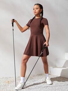 SHEIN Teen Girls' Sleeveless Knit Solid Back Hole Detail Sport Jumpsuit With Anti-Lighting Shorts
