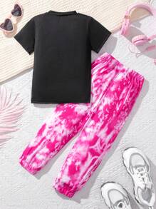 SHEIN Explorewe مجموعة قصيرة الأكمام للفتيات الصغيرات، تي شيرت بنمط السيارة، ملابس رياضية بنمط تاي داي للجوجرز - متعدد الألوان - مشاهدة 2