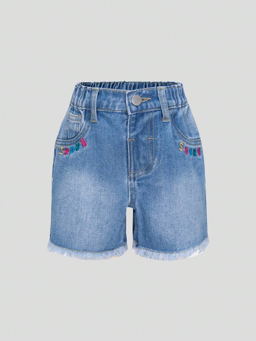 Bé gái Trung bình Denim mùa giặt Xanh Thêu Quần short Denim Với Fringe Hem - Rửa trung bình - Xem 1
