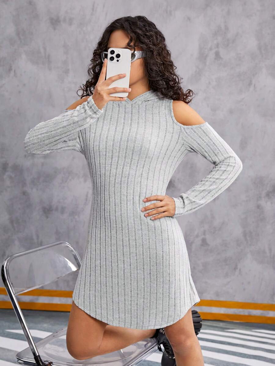 SHEIN Vestido Con Capucha Y Hombros Descubiertos Para Adolescentes - Gris - Ver 1