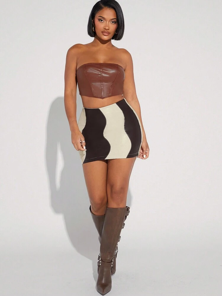 Colorblock Wave PU Leather Skirt