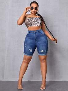 SHEIN SXY 加大尺碼修身磨損牛仔短褲 - 深色水洗藍 - 查看 3