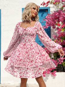 Soleia 女用甜心領燈籠袖碎花連身裙 - 粉色 - 查看 1