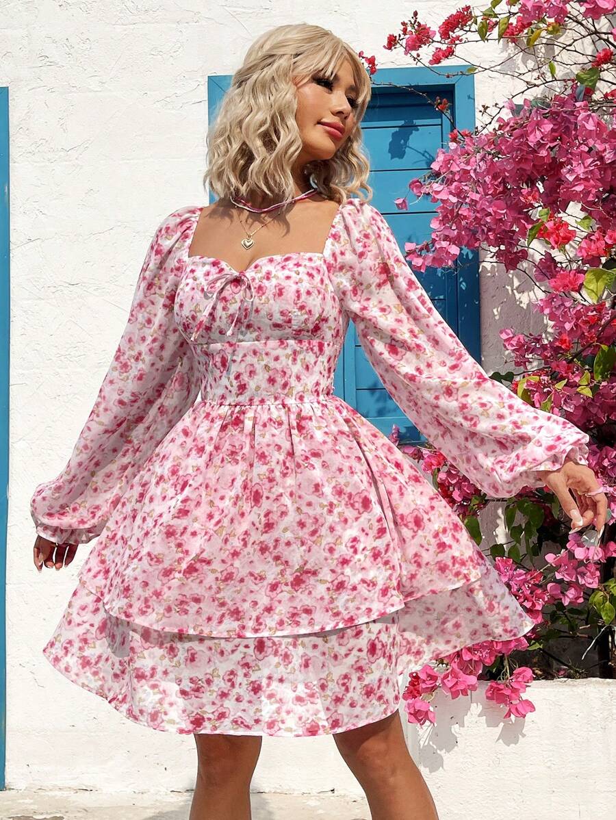 Soleia 女用甜心領燈籠袖碎花連身裙 - 粉色 - 查看 1