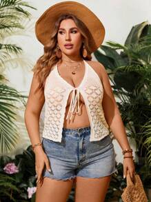 Flirla Top De Halter De Tricô Plus Size Transparente Com Design De Amarração Nas Costas - Bege - Visão 3