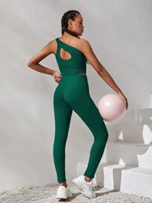 SHEIN Teenage Girls' Rib Knitted One Shoulder Vest And Pants Sports Set - Olive Green - View 5