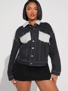 Denimoi Chaqueta Vaquera De Mujer Con Hombros Caídos Y Forro Sherpa + Mezcla De Tejido - Negro - Ver 4