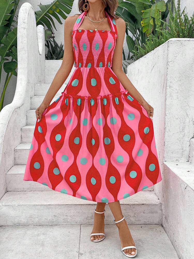 Color Block Polka Dot Backless Halter Neck Tie Dress