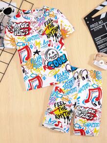 2入組青少年男孩修身休閒短袖t恤和短褲睡衣套裝 - 彩色 - 查看 1