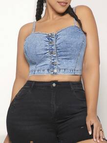 SHEIN CURVE+ 女士大尺碼牛仔無袖吊帶背心 - 中等水洗藍 - 查看 6