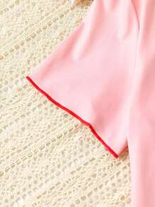 Teen Girls' Pink Simple Short Sleeve Button Up Shirt And Pants Pajama Set, 2pcs - Pink - View 4