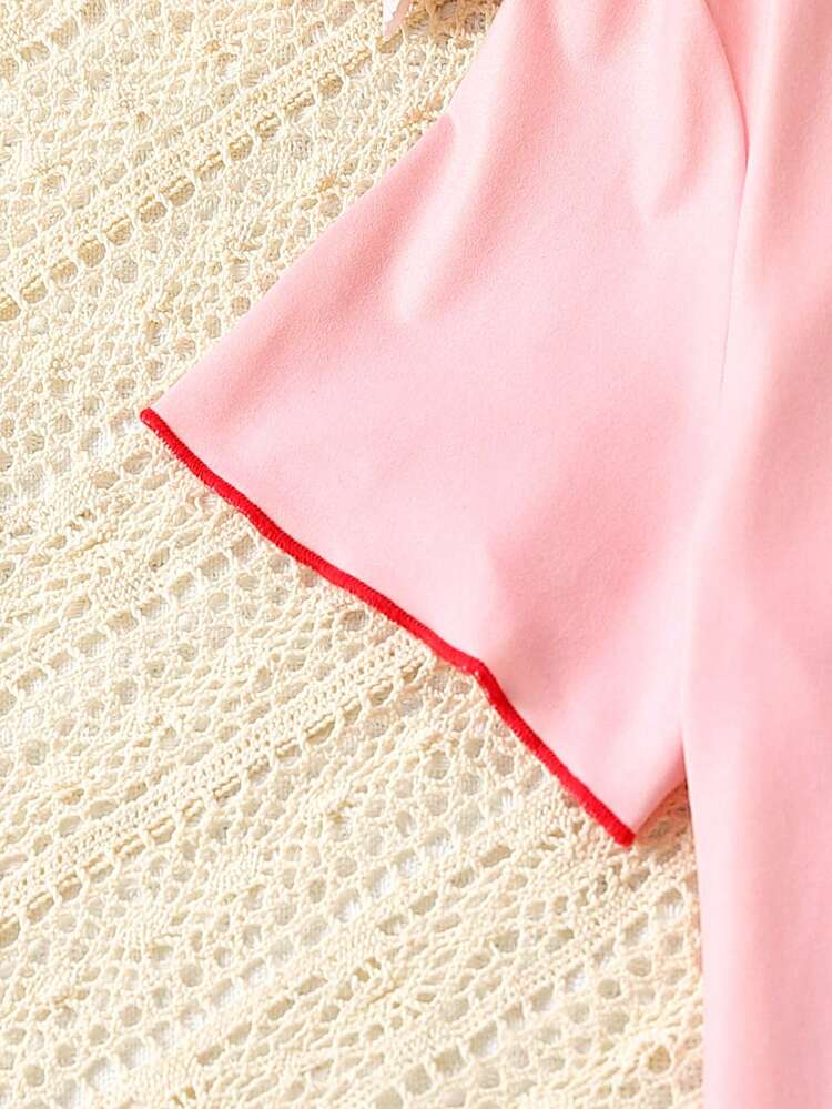 Teen Girls' Pink Simple Short Sleeve Button Up Shirt And Pants Pajama Set, 2pcs