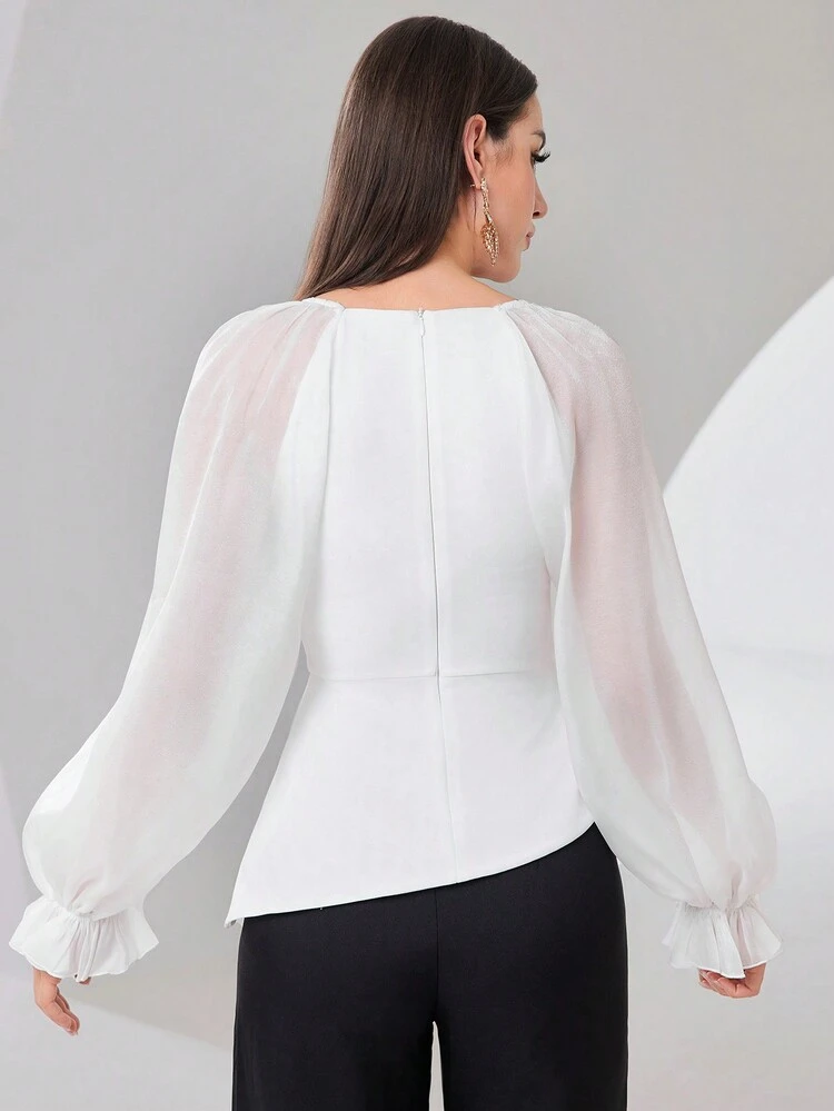 Women'S Mesh Panel Sweetheart Neck Long Sleeve Shirt