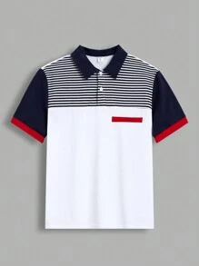 SHEIN 青少年男孩休闲条纹和拼色针织宽松 Polo 衫