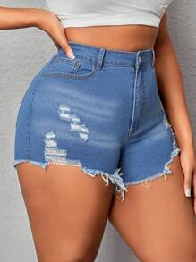 Slaydiva Pantalones Cortos Rasgados Elásticos Con Ajuste Delgado De Talla Grande De Mezclilla - Azul - Ver 1