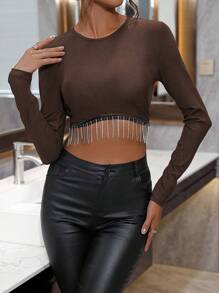 Allurite Của phụ nữ Ngắn Quần skinny Áo thun Với Sáng bóng Kim cương giả Và Tua Đường kẻ - màu nâu - Xem 1