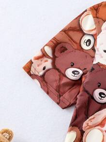 適合青少年女孩的可愛熊印花短袖上衣和長褲睡衣,2件套裝 - 棕色 - 查看 4