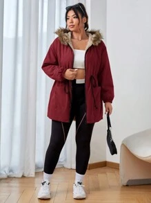 SHEIN EZwear Plus Size Rose Red Drawstring Waist Fluffy Collar Hooded Padded Coat, Winter Fall Autumn - Rose Red - View 4