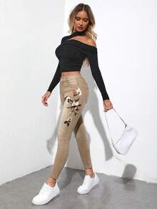 SHEIN LUNE Flower Embroidery Slim Fit Denim Jeans - Khaki - View 2