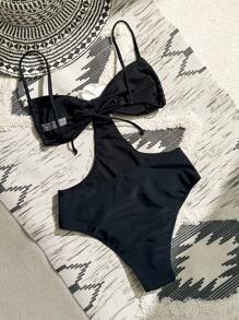 SHEIN Swim Quý cô Áo tắm một mảnh Với Khối màu Thiết kế , 3D Hoa Đồ trang trí Và Xu hướng: Cắt giảm Chi tiết - màu đen - Xem 2