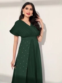 Seusyu Women's Batwing Short Sleeve Patchwork Pleated Dress - Dark Green - View 5